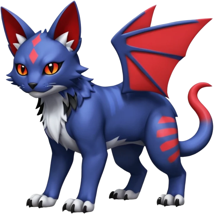 midnight blue-gray-black, with red markings, white belly, scaley scaly batty feline-like quadrupedal digitigrade furry feral Bastet-Noibat-Gatomon-Garchomp-Digimon-Fakémon-Pokémon-creature (full body) emoji
