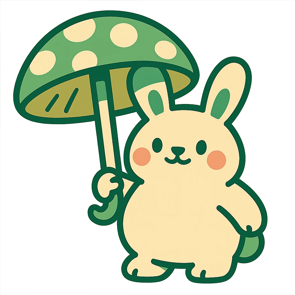 chubby bunny holding a mushroom umbrella, pastel beige and moss green, vibrant toon style emoji