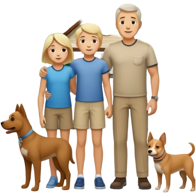 1 Father 1 Mother and 1 young boy who is half as tall as the parents, standing in front of their house with a dog next to them. Everyone should look VERY happy. There MUST be a house behind them with trees and plants emoji