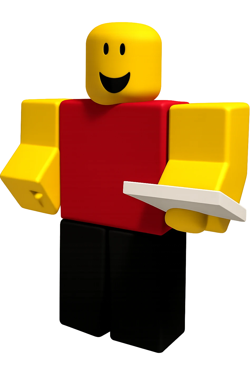 Extract only the character in a red shirt and black pants (sixth from left) from the image, place it on a transparent background, and keep the original Roblox style and appearance. emoji