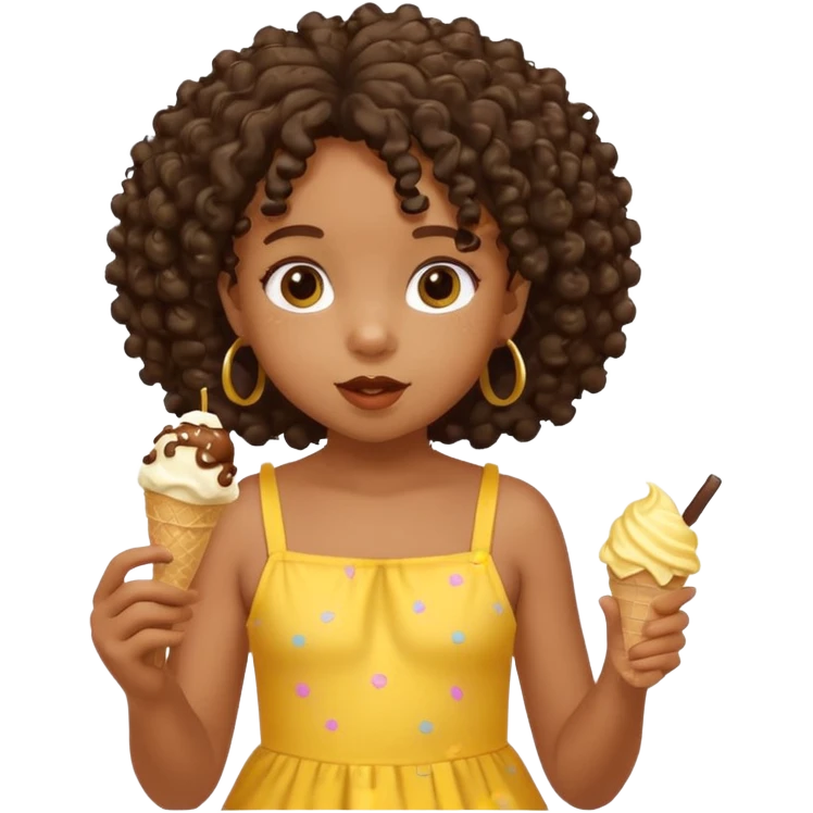 a little black girl kid with curly hair, yellow dress, eat ice cream emoji