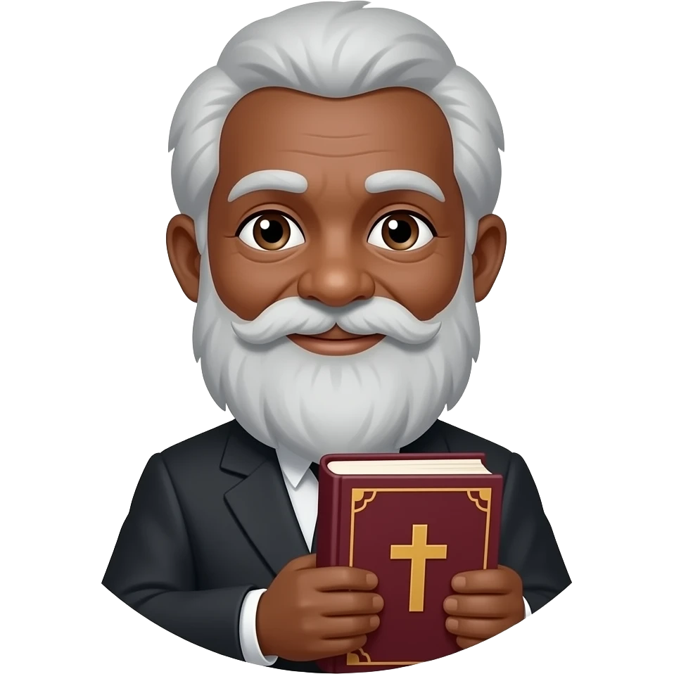 wise old man with grey hair slight smile brown eyes white beard black skin with burgundy book that has a cross on it no circle emoji