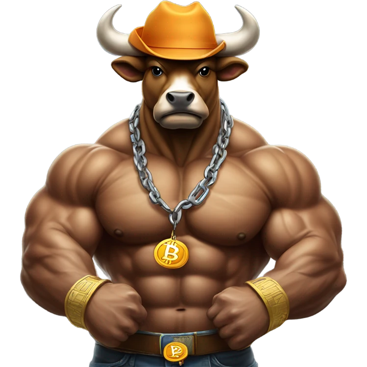 Bull ready to charge wearing bitcoin hat emoji