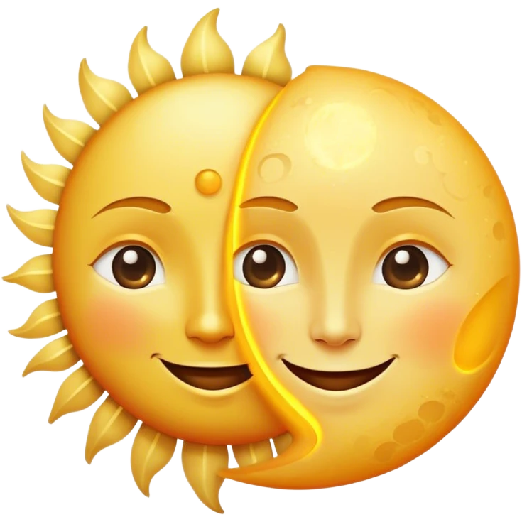 a really bright  big sun and a small moon who shines because of it. the sun is bigger and the tiny \moon bright too beside it smiling looking at each other emoji