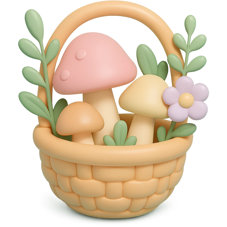 basket full of forest goodies with mushrooms, herbs, flowers in soft pastel colors, vinyl figure style emoji