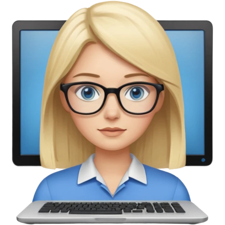 donna, occhi azzurri con occhiali, capelli medi, lisci e biondi, lavora al pc. emoji