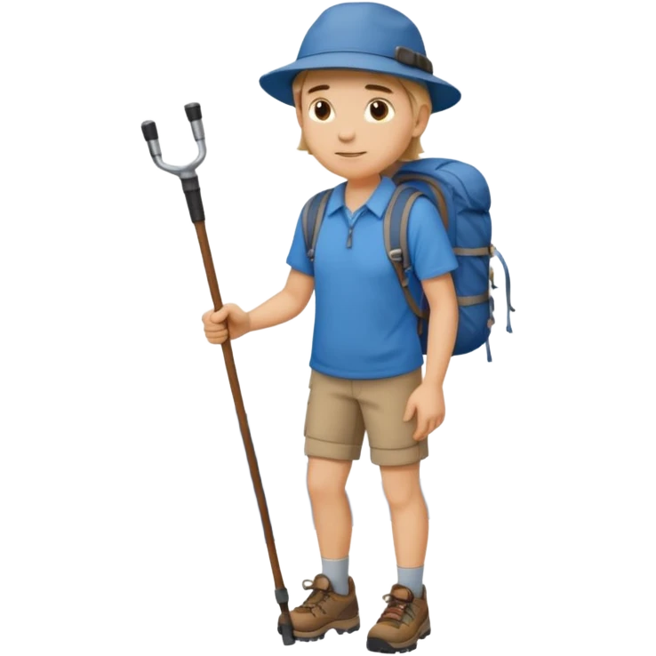 a full-body hiker with a hat blue shirt and hiking stick.hiking a mountain emoji