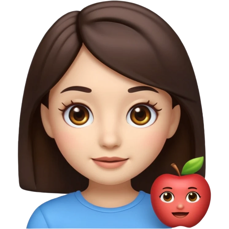 3D emoji sticker of a cute girl, Apple Memoji style, dark brown hair, brown eyes, long eyelash extensions, soft facial features, clean white background, smooth lighting, high quality, cute and friendly expression emoji