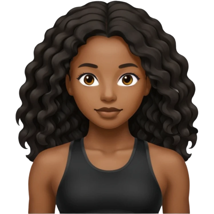 Femme noire avec cheveux longs ondulés qui fait du sport en tenue noire emoji