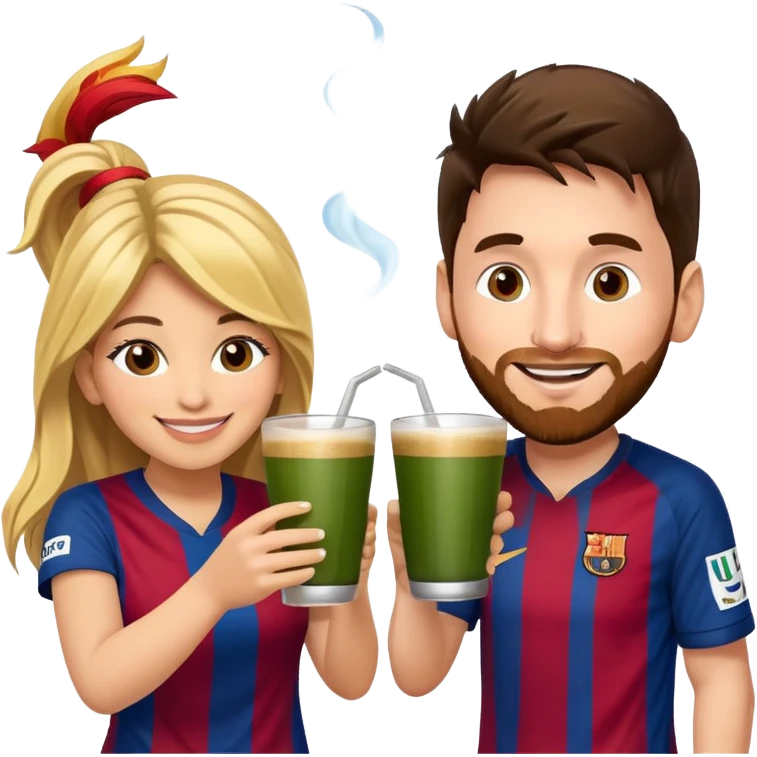 emoji-style illustration of Lionel Messi and Shakira smiling at each other, both holding traditional yerba mate cups, about to make a cheerful toast, friendly, happy, expressive cartoon faces, bright colors, fun vibe emoji