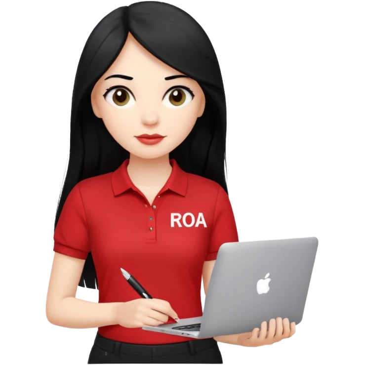 Gere um emoj estilo IOS de uma garota branca, de longos cabelos pretos vestida com um uniforme composto por uma camiseta estilo gola polo vermelha com um detalhe escrito em branco a palavra "RODA" e uma calca preta. Ela deve segurar em uma das maos um mackbook e na outra uma caneta emoji