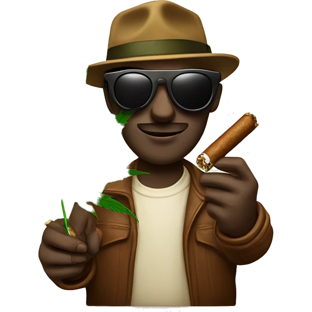 a cannabis leaf wearing shades and holding a cigar in one hand, a brownie in the other hand emoji