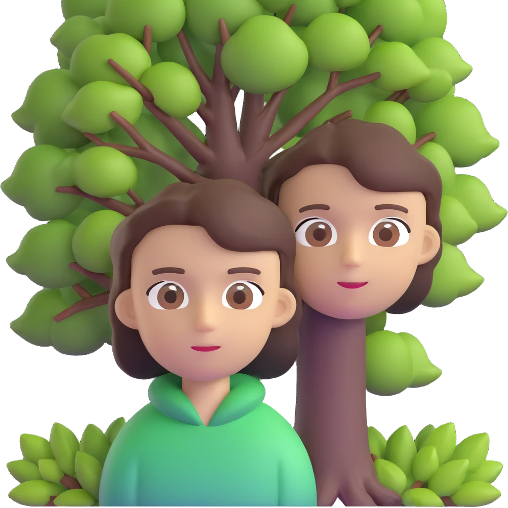 boy with brunette hair brown eyes and tree behind emoji