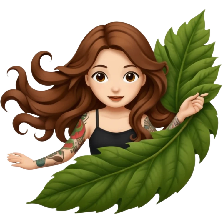 cute woman long wavy brown hair tattoos sliding down leaf emoji