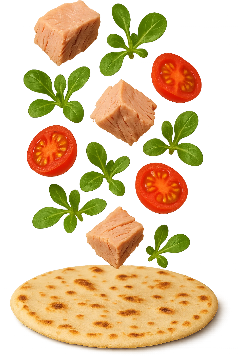 EMOJI STILE IPHONE DI con tonno, valeriana e pomodorini cadono verticalmente su una piadina, iperrealistica 4k emoji