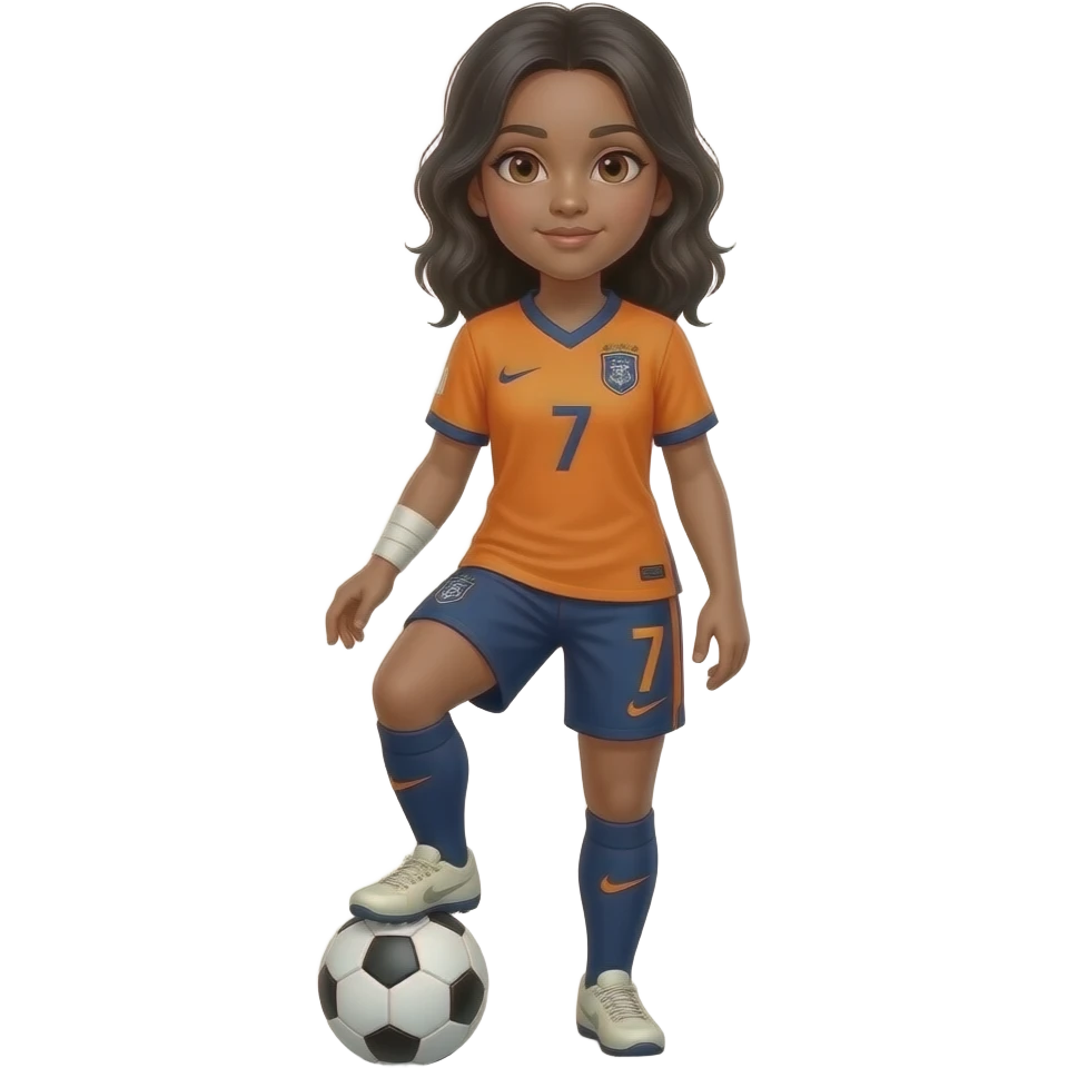 Futbol kaptanı amerikan futbolu değil kaptan bandı ekle kız olsun saçı siyah olsun ayağında top olsun forma turuncu üstünde nike ve arma mavi daire olsun emine gönen yazsın yan dursun arma görünmesin 7 numara yan dursun saçı açık bandajlı emoji