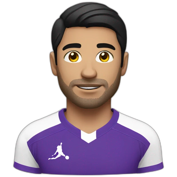 white man black haired soccer player with purple shirt and white short emoji
