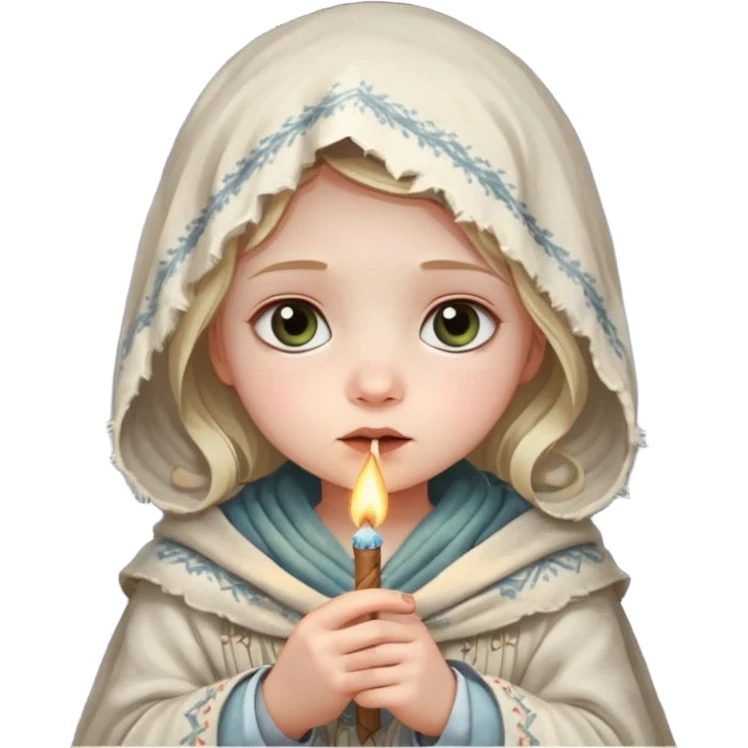 A small girl in a worn winter dress and shawl, holding a glowing matchstick close to her face, eyes wide with soft hope.
 emoji