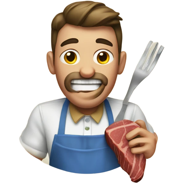 Man in an apron biting into a steak emoji