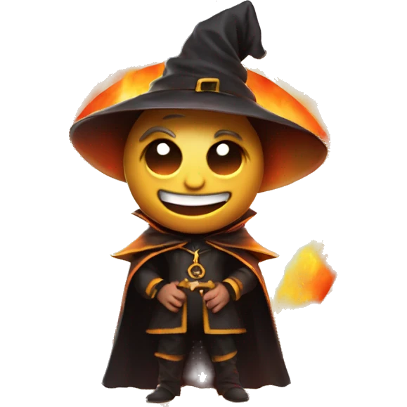 Human demonologist in a wizard costume, surrounded by a fiery halo, Halloween theme, emoji emoji