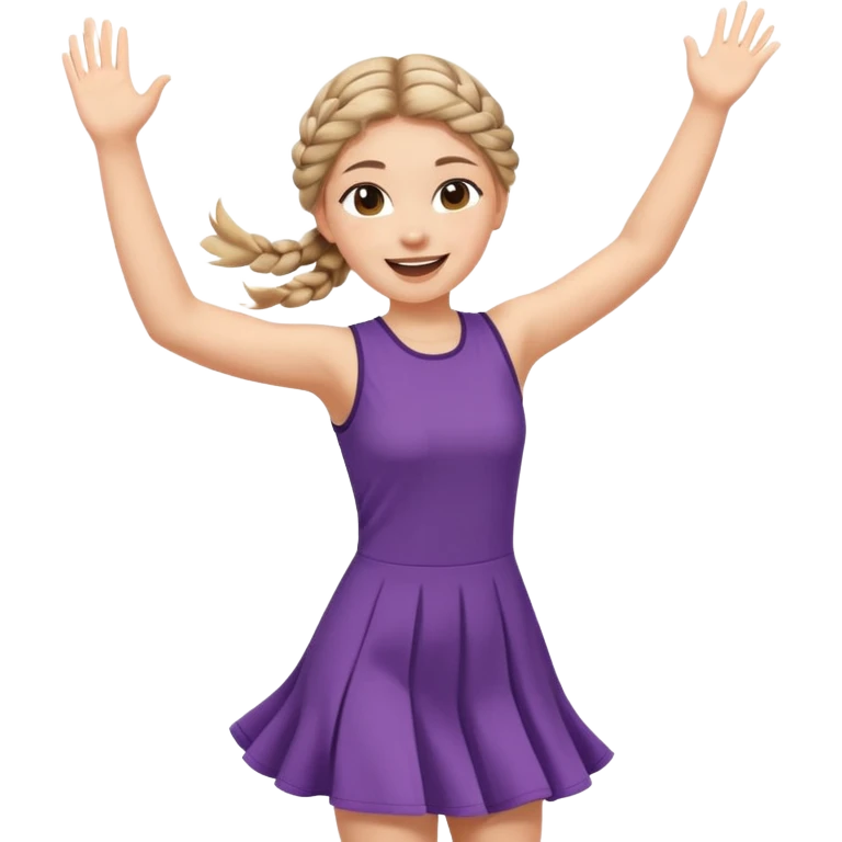 A braid hair girl in a jersey dress, waving both arms in pure joy jumping emoji