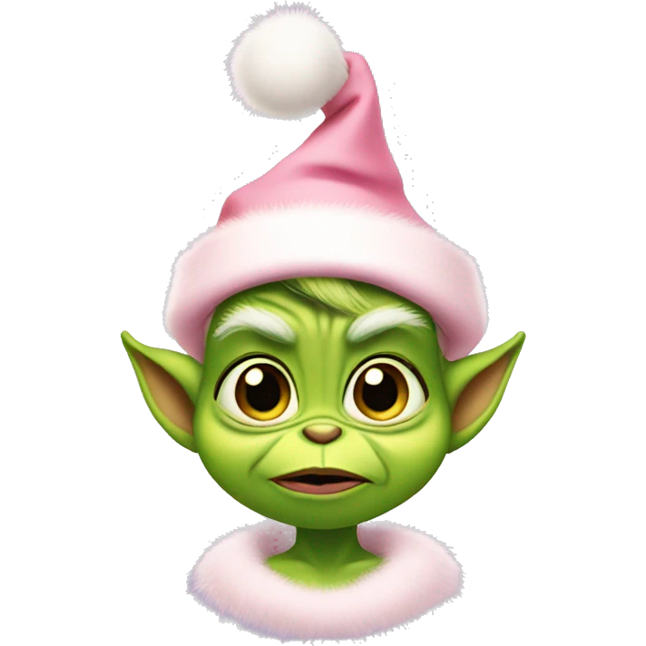 baby grinch wearing a light pink Santa hat emoji