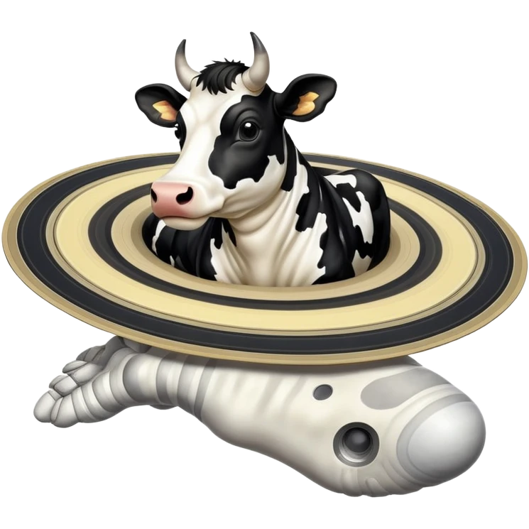 A black and white spotted cow head on top of the planet Saturn with its rings, and enormous human feet wearing shoes supporting the whole structure emoji