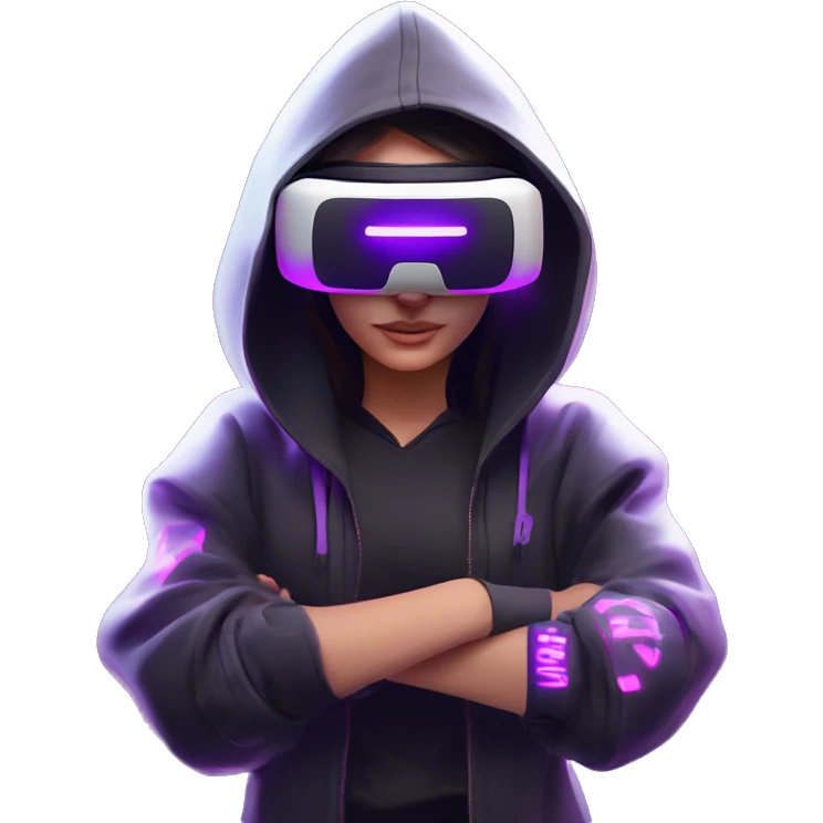 Russian girl wearing black hoody with violet letters "OMG", in vr headset oculus quest2. Standing like jedi. Cyberpunk style. Violet neon. emoji