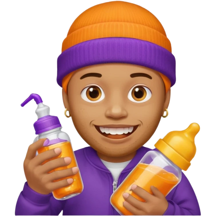 guy with orange beanie with gold teeth grillz holging a baby bottle with purple liquid emoji