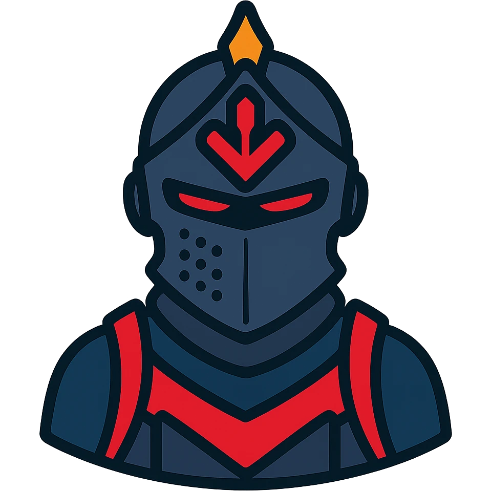 Black Knight from Fortnite, stylized with bold outlines, simplified shapes, strong silhouette, color outline icon style emoji