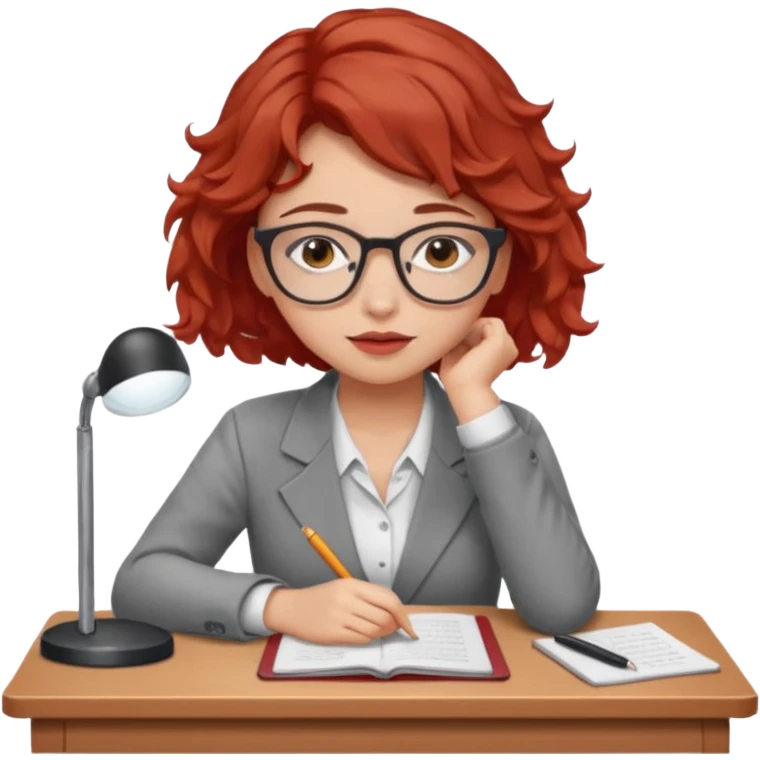 Pretty model, brown eyes, soft red short wavy hair, falling asleep at desk, wearing glasses emoji