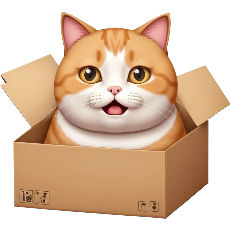 Adorable fat cat stuck in a small box with surprised expression emoji