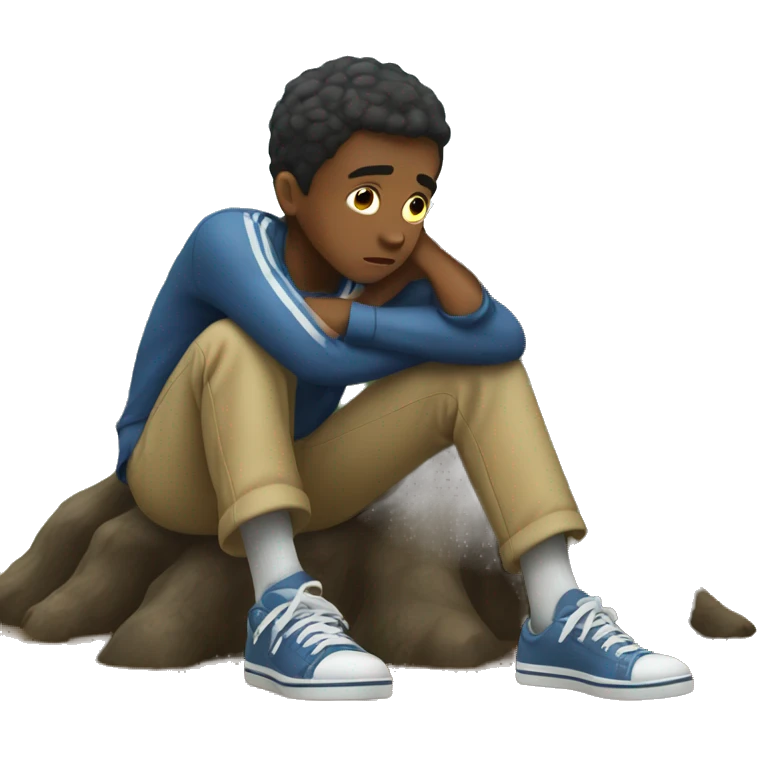 A boy who is regretting sitting under a tree emoji