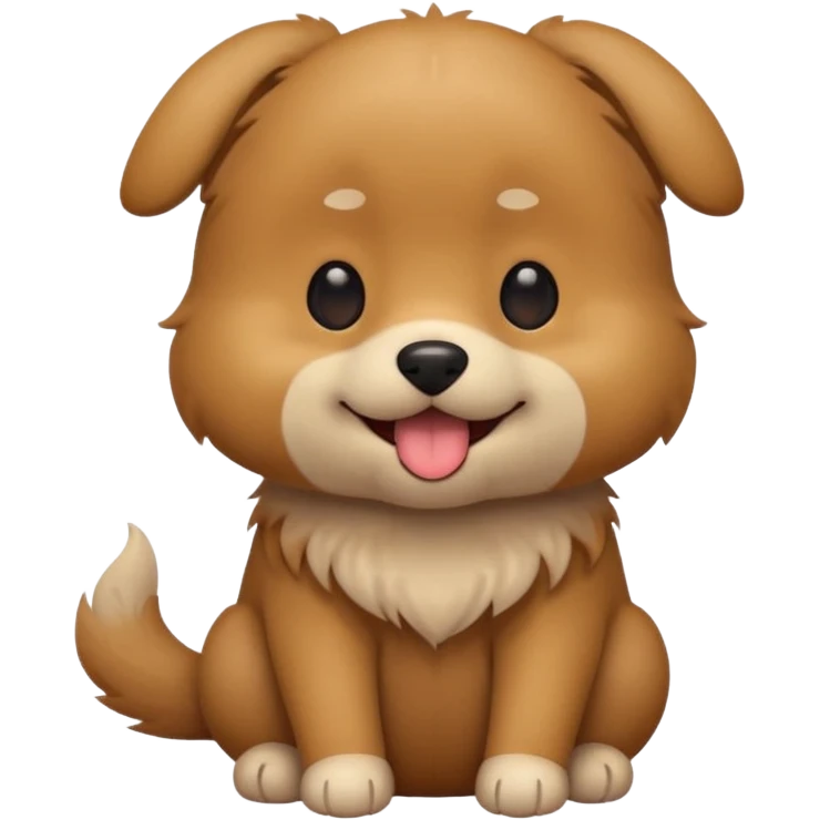 Cute small brown fluffy dog emoji icon. Round face, short muzzle, light brown fur with slightly darker ears, small black nose, happy smiling expression with tongue out. Soft friendly eyes, sitting pose with front paws together. Simple clean vector style, minimal details, kawaii style. emoji