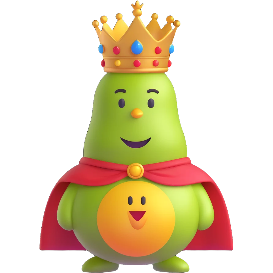 royal pear with a crown, elegant and regal, fun emoji style, wearing a cape emoji
