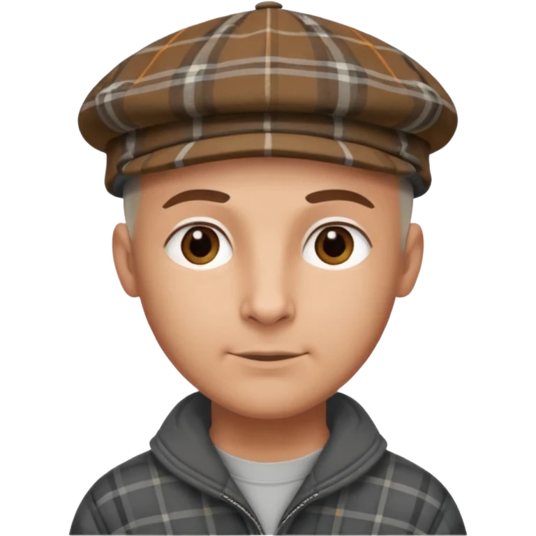 a bald man wearing a grey and brown tratan flap cap looking really hopeful emoji