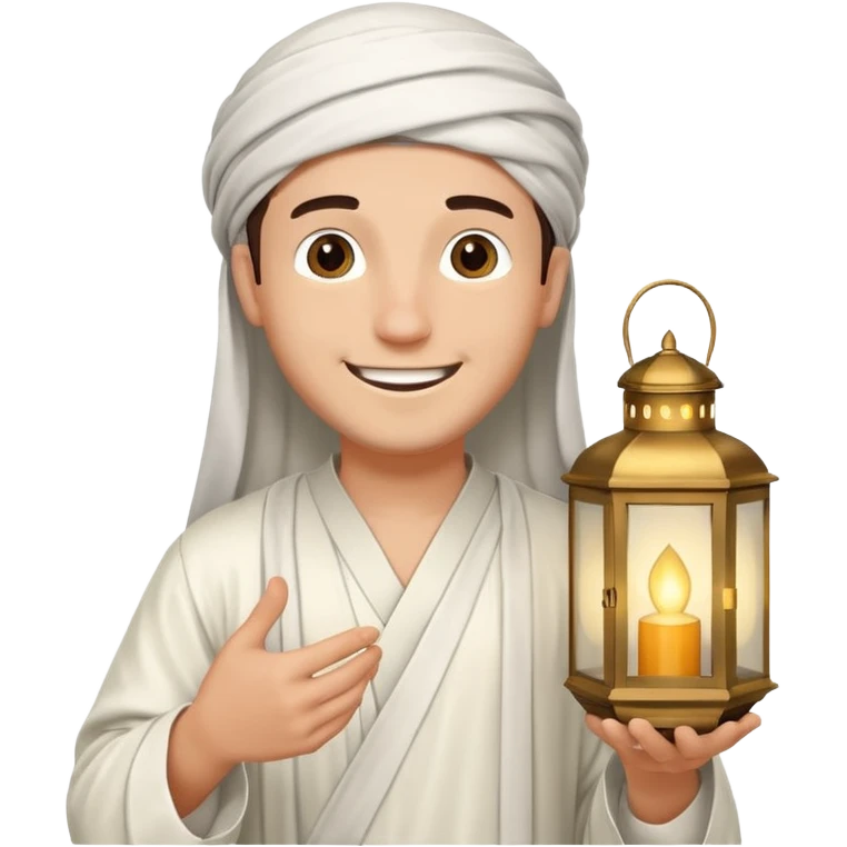 Young man with a happy smile, wearing a traditional white thobe and holding a lantern. emoji