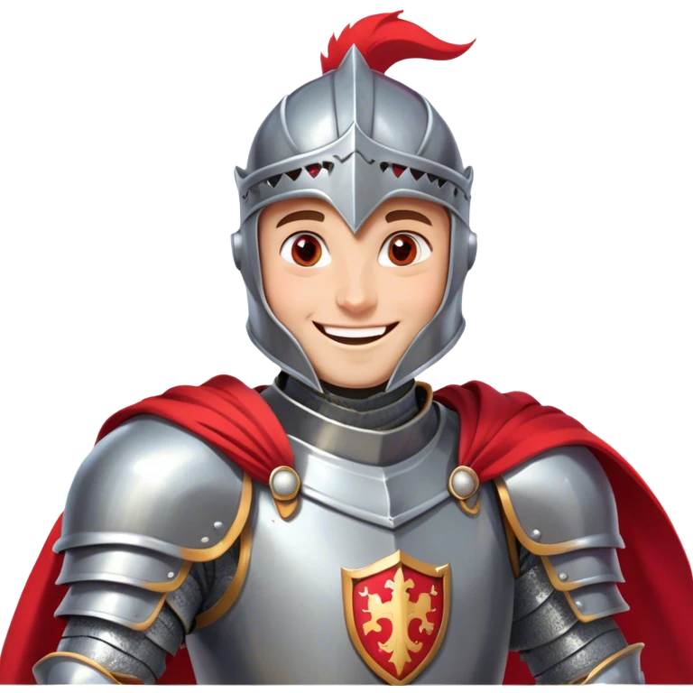 side-view RPG character asset in a clean. The character is a brave knight with exaggerated, rounded features and minimal linework. They wear polished armor in silver tones, with a bright red cape flowing behind them. The face should have large, expressive eyes and a friendly smile that’s clearly visible even from the side view. Keep proportions simple and cartoony. The stance is slightly turned to emphasize the character’s side profile (facing right), with one hand on the hip and the other resting on a sheathed sword at the waist. The colors should be vibrant and easy to read, with smooth shading reminiscent of typical emoji designs. Include two variations: one idle pose and one simple walking pose, each capturing the playful, streamlined look of emoji-like characters. emoji