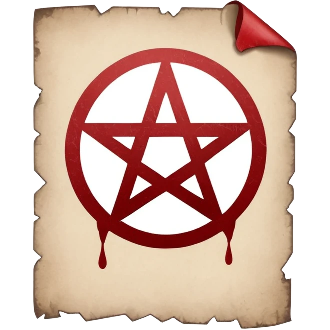 Minimalist emoji-style sticker of a blank torn contract with a pentagram stamp and drop of muted red ink. Gothic feel, flat design.
 emoji