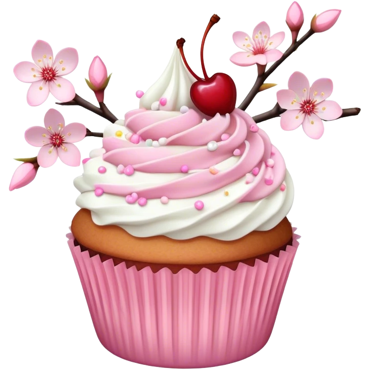 Cupcake with white frosting and pastel pink sprinkles，Cherry blossoms emoji
