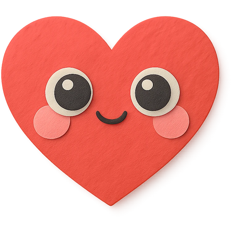 kawaii blushing red heart with big shiny eyes, no arms, no legs, full body, soft pastel kawaii paper craft style emoji