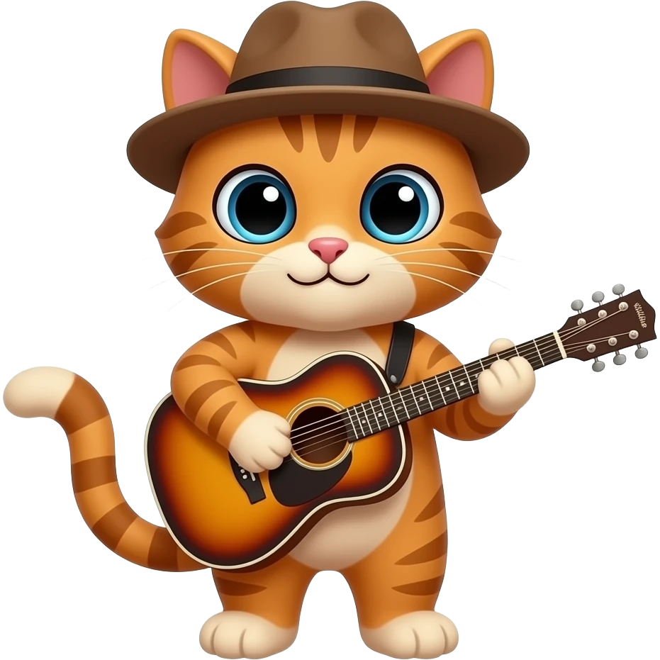 vibrant brown cat wear a hat and playing guitar emoji
