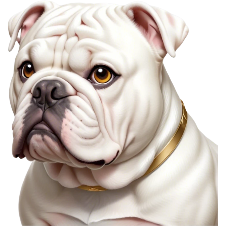 Cinematic Noble White English Bulldog Portrait Emoji, Poised and regal, with a sturdy, muscular build and a pristine, well-groomed pure white coat, deep-set soulful brown eyes, Simplified yet sharp and sophisticated features, highly detailed, glowing with a soft, dignified glow, high shine, intelligent and resolute, stylized with an air of authority, focused and attentive, soft glowing outline, capturing the essence of a watchful and confident guardian, so majestic it feels as though it could lumber out of the screen with effortless authority! emoji
