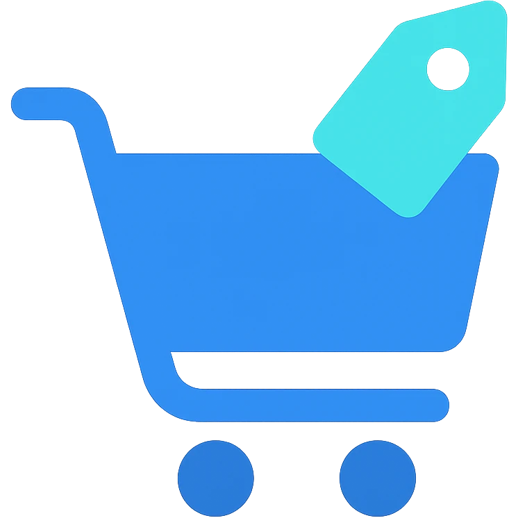 Shopping cart with a price tag, flat emoji style, outline with blue and turquoise colors emoji