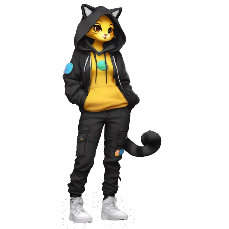 Edgy Anthro cool shy colorful urban beautiful pretty anime dark cat-Pokémon-fursona techwear cargo pants hoodie emoji