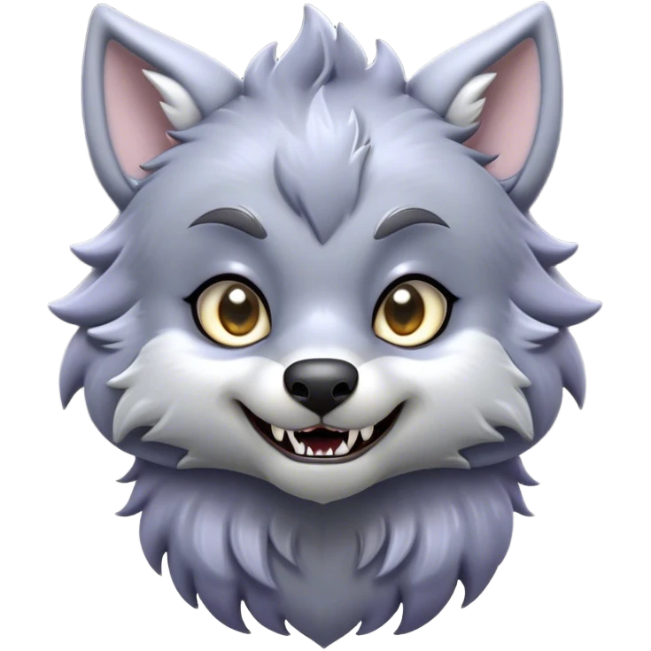 Cinematic Cute Werewolf Portrait Emoji, with a cuddly, miniature lupine form in soft moonlit grays and silvers, featuring oversized sparkling eyes and a sweet, endearing snarl, simplified yet irresistibly adorable, highly detailed with a gentle glowing outline that captures the playful, heartwarming essence of a little werewolf! emoji
