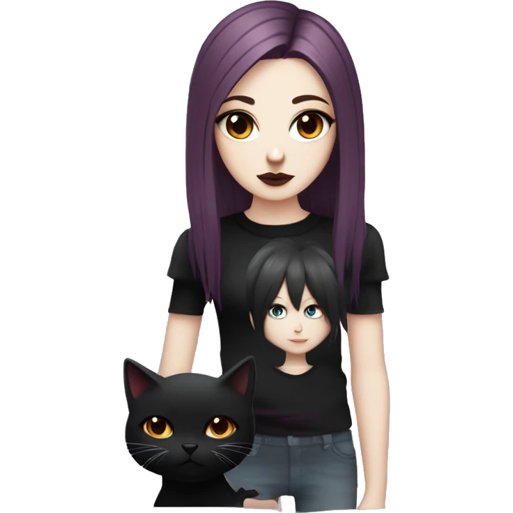 Pale girl with black eyeshadow and burgundy colored hair with an emo haircut that’s long and layered holding a black cat emoji