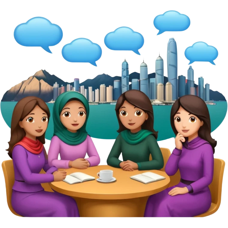 A group of Pakistani women sitting around and sharing knowledge, with talking bubble of Hong kong scenary in it emoji