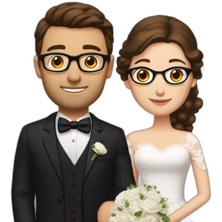 Wedding couple. Bride has brown hair pinned up. She wears lace dress. She has blue eyes. Groom has black suit and black vest. He has brown hair. He wears glasses. He has brown eyes t emoji