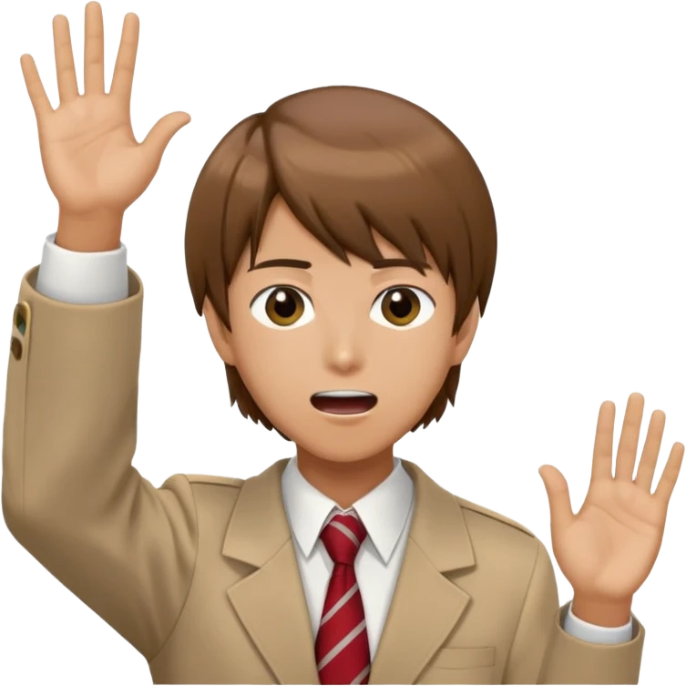 Light Yagami from Death Note, brown hair, school uniform, open mouth as if talking, hand raised emoji